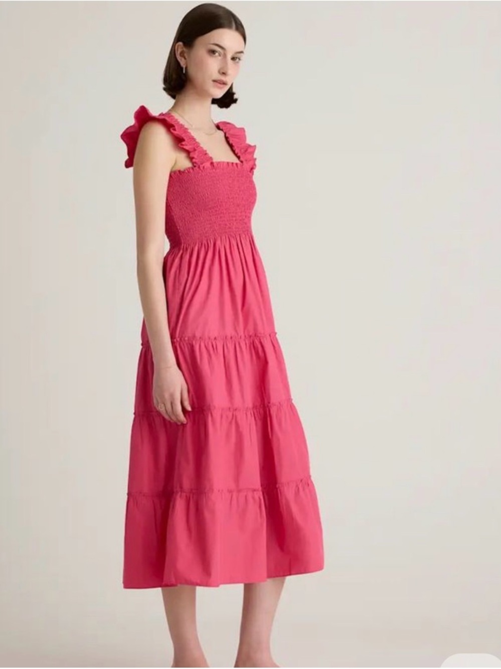 Quince Organic Cotton Smocked Midi  Dress in Lipstick Pink Size Small 439